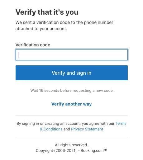 Screenshot of the verification code form on Booking.com. A verification code field is showed empty with a blue button below saying "Verify and sign in"