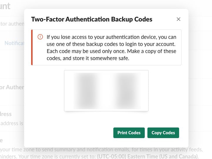The Two-Factor Authentication Backup Codes modal on Slack