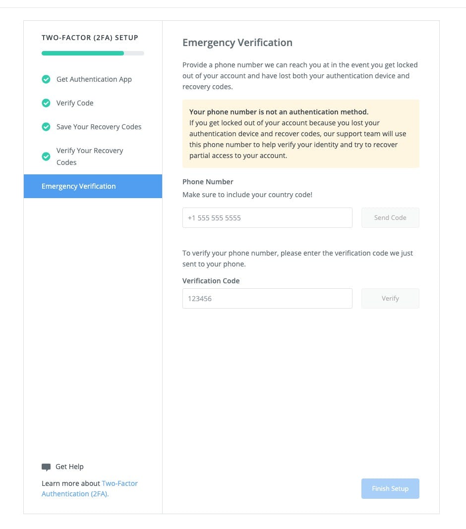 Screenshot of the two-factor set by step setup on Zapier. Currently showing the "Emergency Verification" step which contains a Phone Number field with a verification code field.