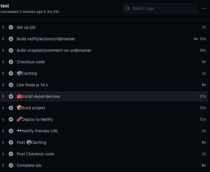 Screenshot of all Github actions
