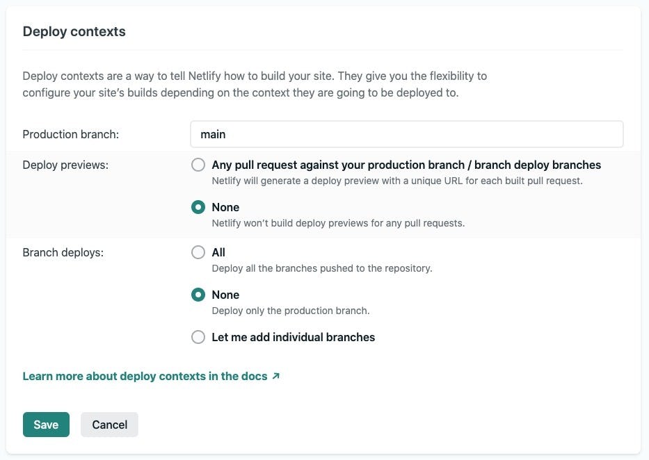 Screenshot of the Deploy context section on Netlify